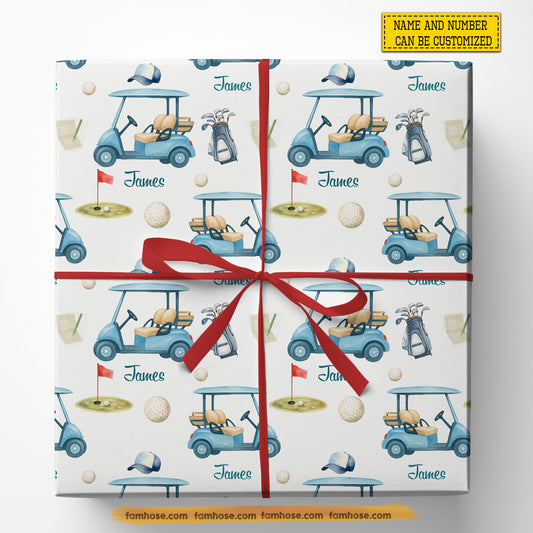Personalized Christmas Golf Wrapping Paper, Golf Cart In White Background Wrapping Paper Rolls, Xmas Gift Wrap For Golf Lover