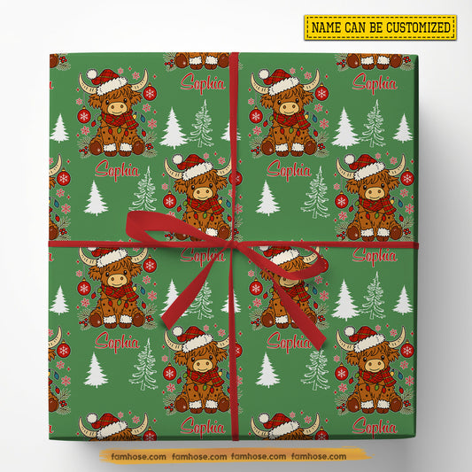 Personalized Christmas Cow Wrapping Paper, Adorable Highland Cow Wrapping Paper Rolls, Xmas Gift Wrap For Cow Lover