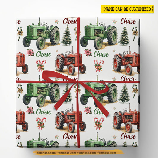 Personalized Christmas Tractor Wrapping Paper, Red & Green Tractor Wrapping Paper Rolls, Xmas Gift Wrap For Tractor Lover