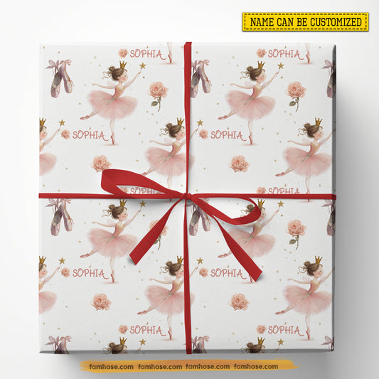 Personalized Ballet Wrapping Paper, Cute Pink Ballerina Wrapping Paper Rolls, Xmas Gift Wrap For Ballet Lover