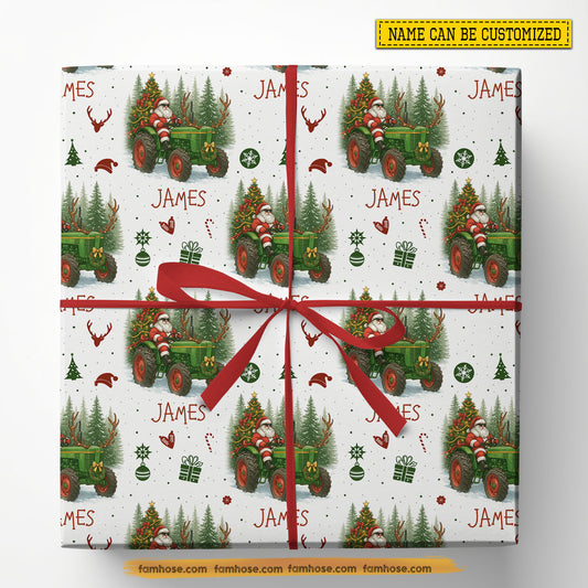 Personalized Christmas Tractor Wrapping Paper, Santa Rides A Green Tractor Wrapping Paper Rolls, Xmas Gift Wrap For Tractor Lover