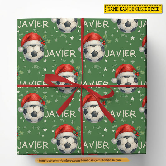 Personalized Christmas Soccer Wrapping Paper, Custom Sports Wrapping Paper Rolls, Xmas Gift Wrap For Soccer Lover