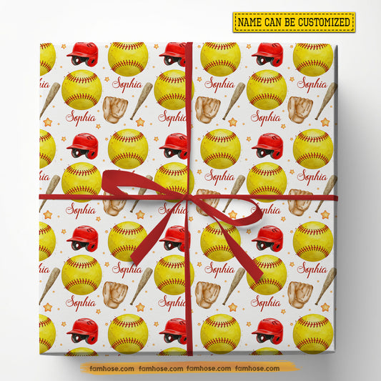 Personalized Softball Wrapping Paper, Custom Sports Wrapping Paper Rolls, Gift Wrap For Softball Lover