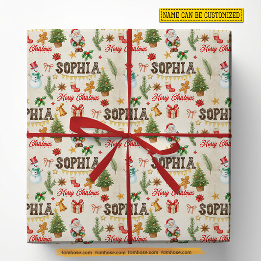 Personalized Christmas Wrapping Paper, Custom Your Name Merry Christmas Wrapping Paper Rolls Xmas Gift