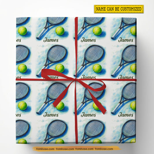 Personalized Tennis Wrapping Paper, Rackets And Balls Wrapping Paper Rolls, Gift Wrap For Tennis Lover