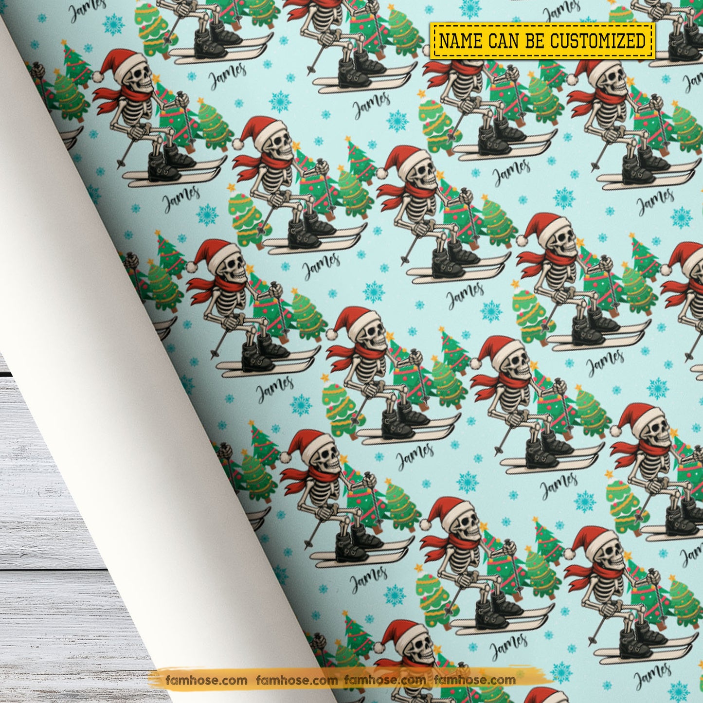 Personalized Christmas Skiing Santa Skeleton Wrapping Paper, Unique Skeleton On Skis Wrapping Paper Rolls, Xmas Gift For Skiing Lover