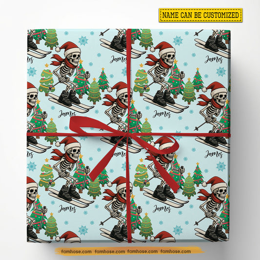 Personalized Christmas Skiing Santa Skeleton Wrapping Paper, Unique Skeleton On Skis Wrapping Paper Rolls, Xmas Gift For Skiing Lover