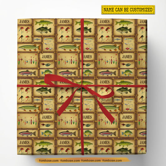 Rustic Personalized Fishing Wrapping Paper, Fishing Tackle Wrapping Paper Rolls, Gift Wrap For Fishing Lover
