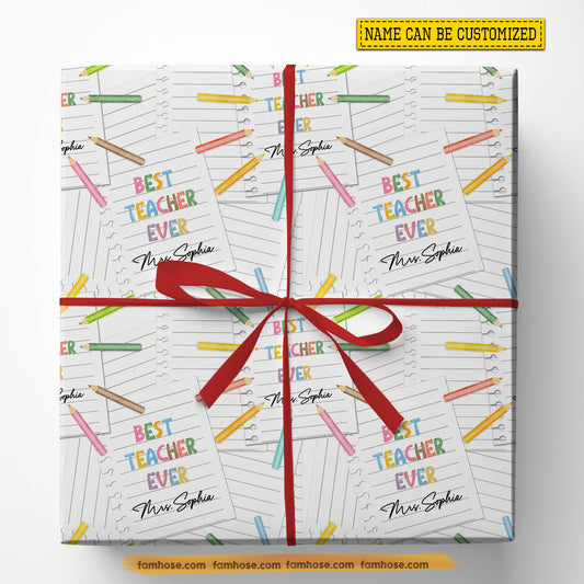 Personalized Thank You For Teacher Wrapping Paper, Best Teacher Ever Wrapping Paper Rolls, Gift Wrap For Teachers