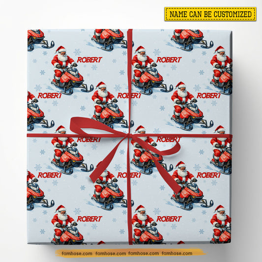 Personalized Christmas Snowmobiling Wrapping Paper, Santa Claus Riding Snowmobile Wrapping Paper Rolls, Xmas Gift Wrap For Snowmobiling Lovers