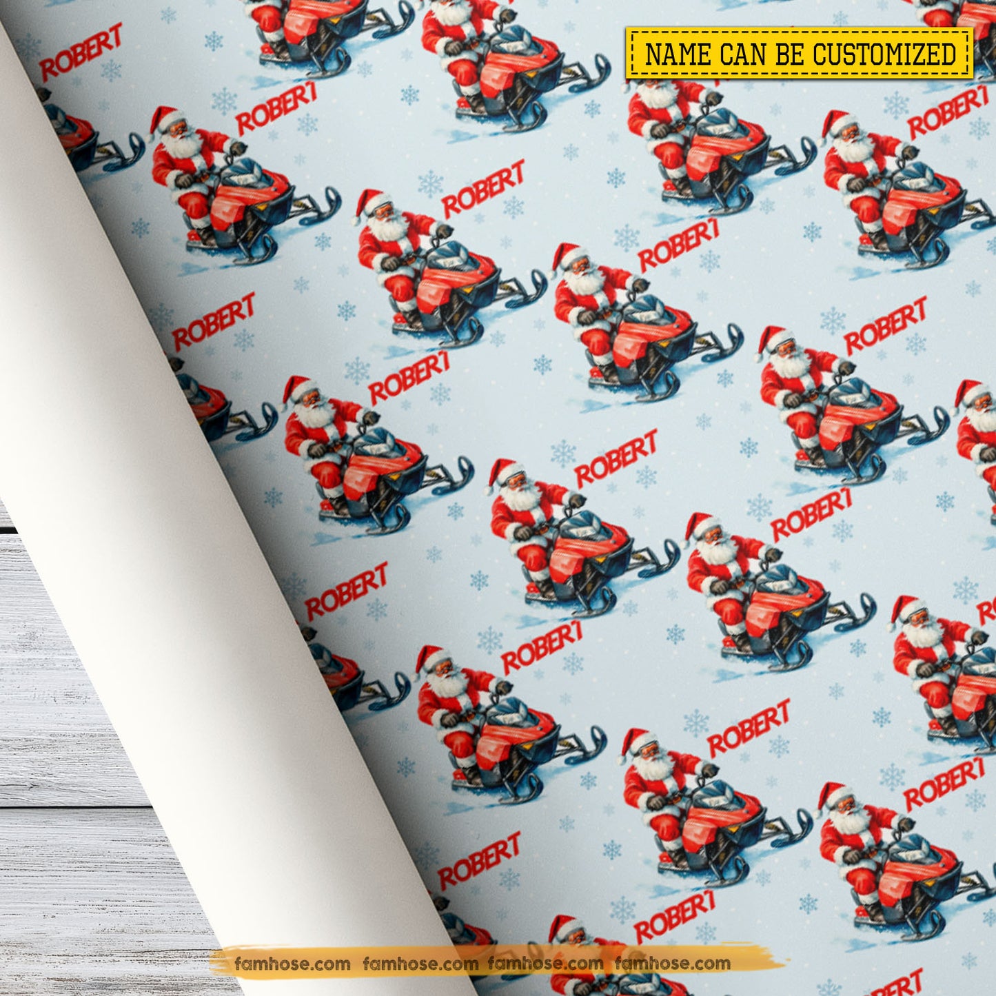 Personalized Christmas Snowmobiling Wrapping Paper, Santa Claus Riding Snowmobile Wrapping Paper Rolls, Xmas Gift Wrap For Snowmobiling Lovers