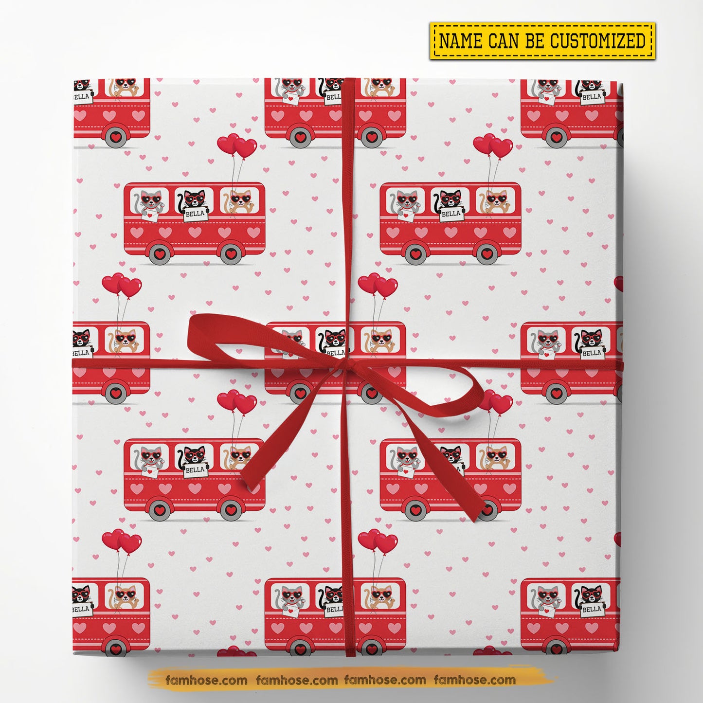 Personalized Valentine Cat Wrapping Paper, Adorable Cat Love Bus Wrapping Paper Rolls, Valentine Gift Wrap For Cat Lover