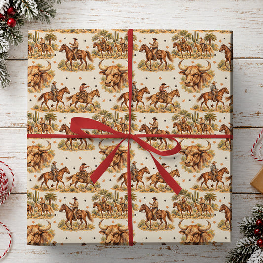 Vintage Western Cowboy Wrapping Paper, Horse Riding And Texas Longhorn Wrapping Paper Rolls, Gift Wrap For Cowboys