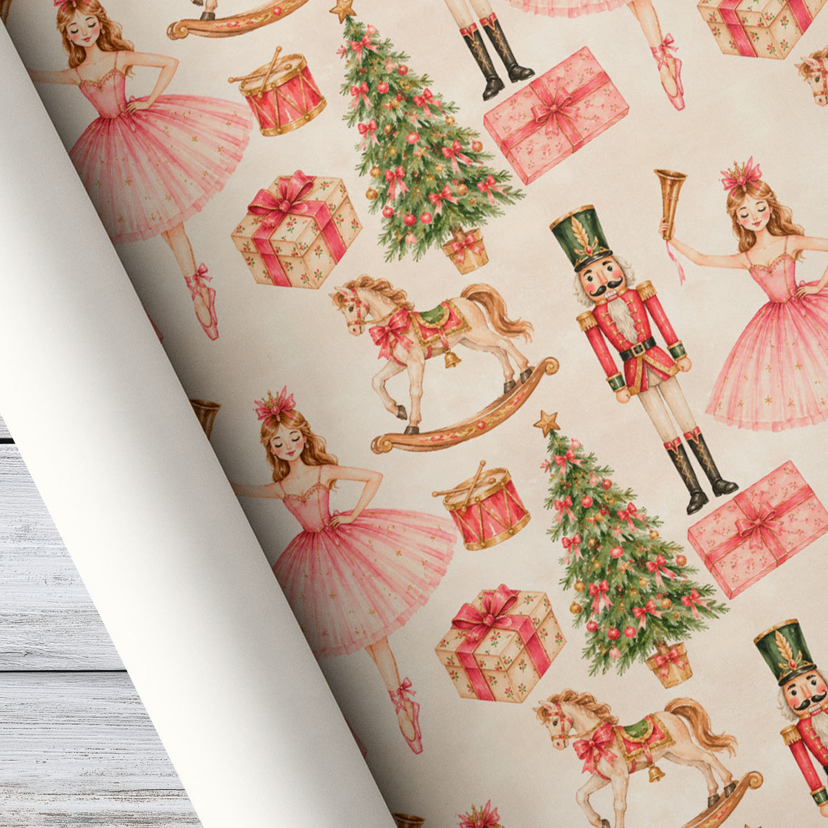 Nutcracker Ballet Christmas Wrapping Paper, Pink Ballerina And Nutcracker Soldier Wrapping Paper Rolls, Xmas Gift Wrap For Ballet Lover