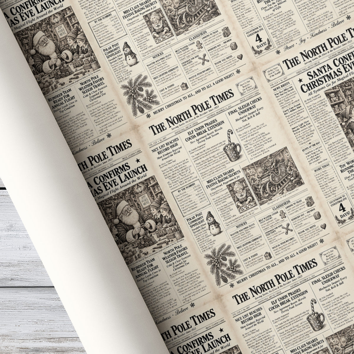 Vintage Christmas Newspaper Wrapping Paper, North Pole Times Santa Claus Newsprint Wrapping Paper Rolls, Xmas Gift Wrap