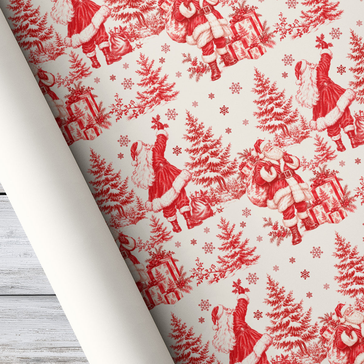 Vintage Christmas Santa Claus Wrapping Paper, Red And White Christmas Toile Pattern Wrapping Paper Rolls, Xmas Gift Wrap