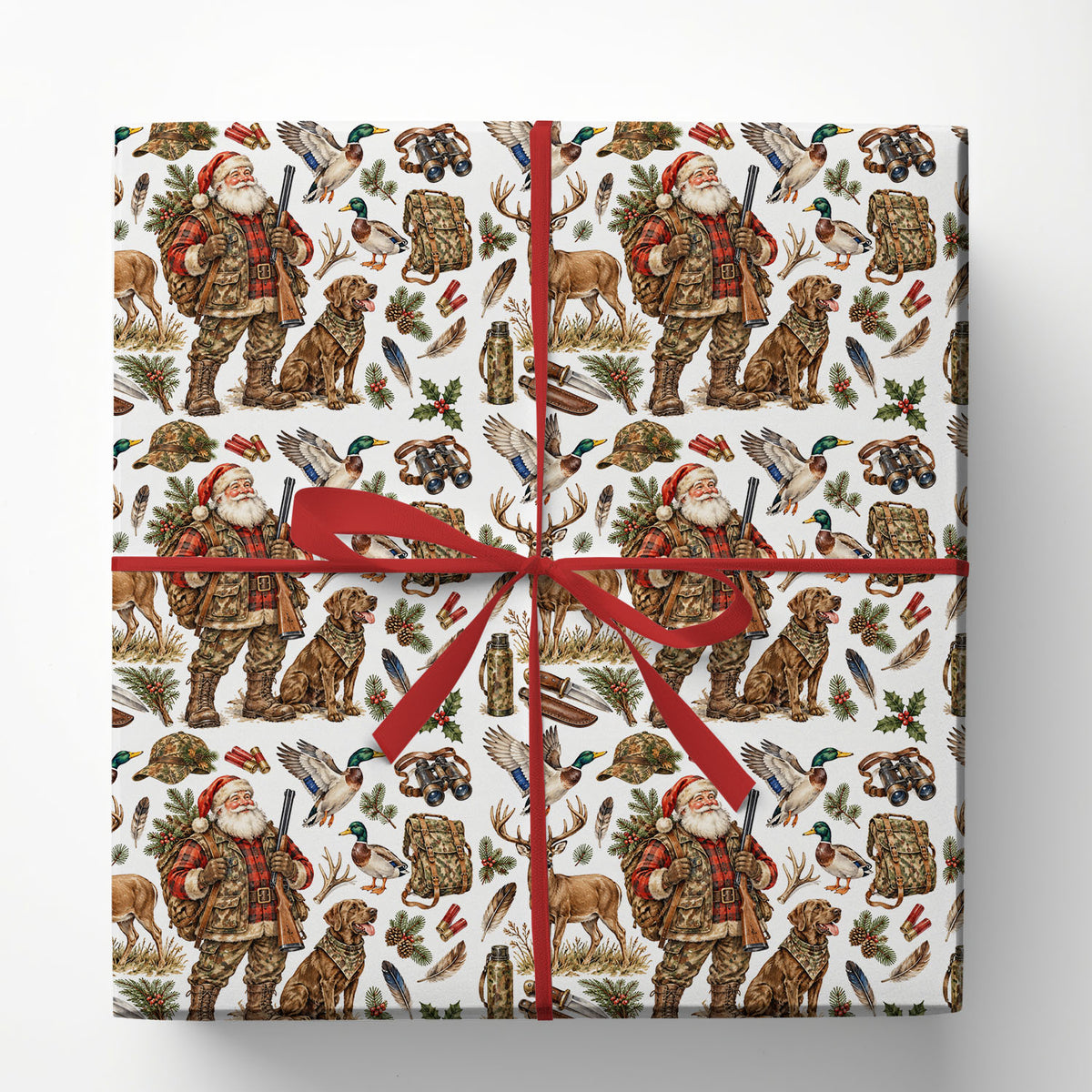 Hunting Santa Christmas Wrapping Paper, Camo Santa Claus With Hunting Dog Deer And Ducks Wrapping Paper Rolls, Xmas Gift For Hunters