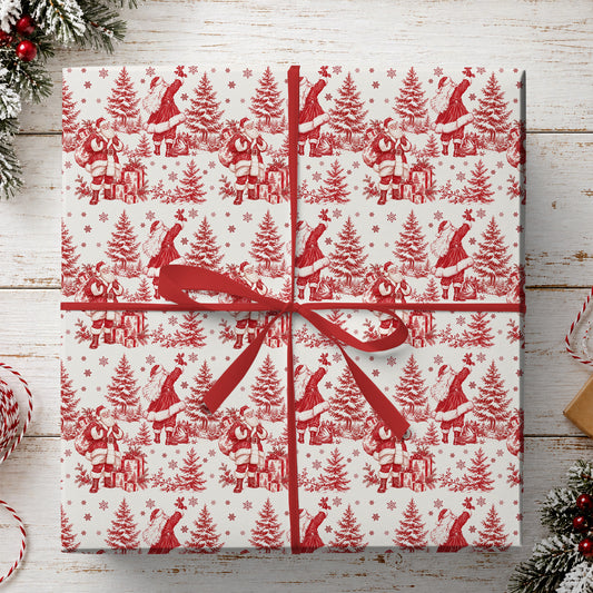 Vintage Christmas Santa Claus Wrapping Paper, Red And White Christmas Toile Pattern Wrapping Paper Rolls, Xmas Gift Wrap