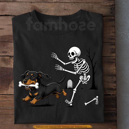 Halloween Dachshund Dog T-Shirt, Cute Doxie Running With Bone Tees Fall Spooky Season Gift For Wiener Dog Lover