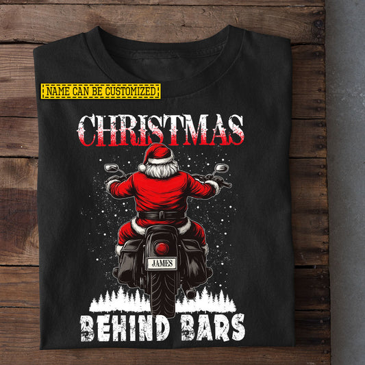 Funny Personalized Christmas Motorcycle T-shirt, Christmas Behind Bars Tees Xmas Gift For Bikers