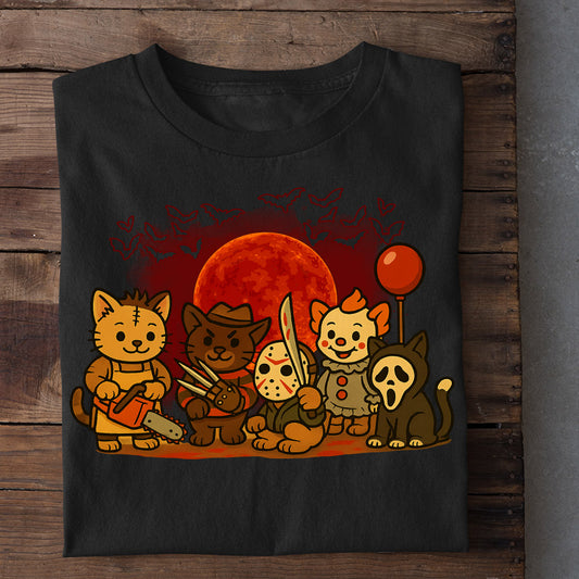 Funny Halloween Cat T-shirt, Cats Disguise Killer Slasher, Spooky Season Gift For Cat Lovers