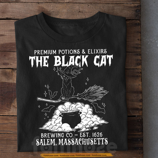 Halloween Black Cat T-shirt, Premium Potions & Elixers The Black Cat Tees Spooky Season Gift For Cat Lovers