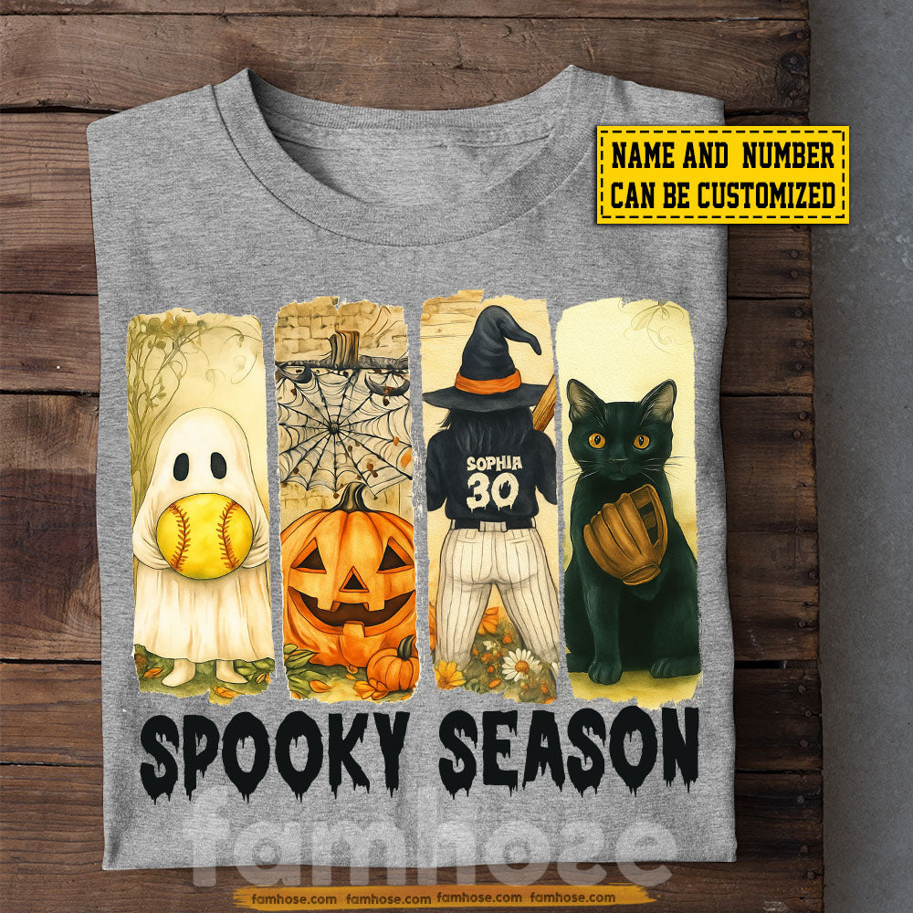 Personalized Halloween Softball Boo Cat T-shirt, Spooky Season Tees Gift For Softball Lovers