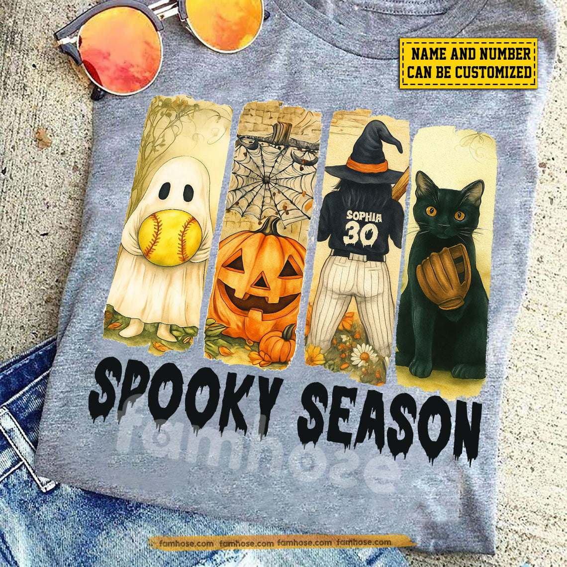 Personalized Halloween Softball Boo Cat T-shirt, Spooky Season Tees Gift For Softball Lovers