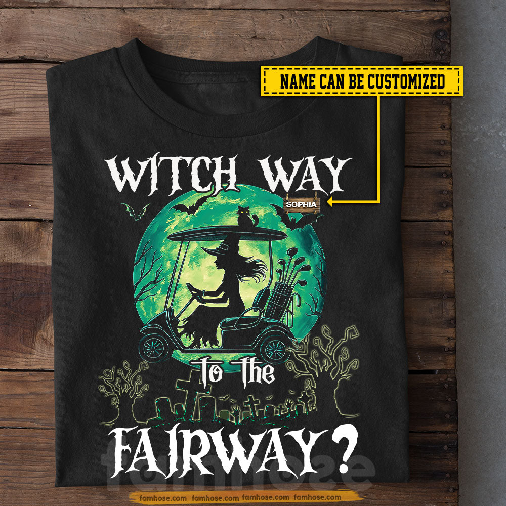 Personalized Halloween Golf Witch T-shirt, Witch Way To The Fairway Tees Spooky Season Gift For Golf Lovers