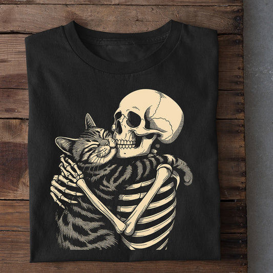 Halloween Skeleton Cat T-shirt, He Loves His Cat Tees Spooky Season Gift For Skeleton Lovers