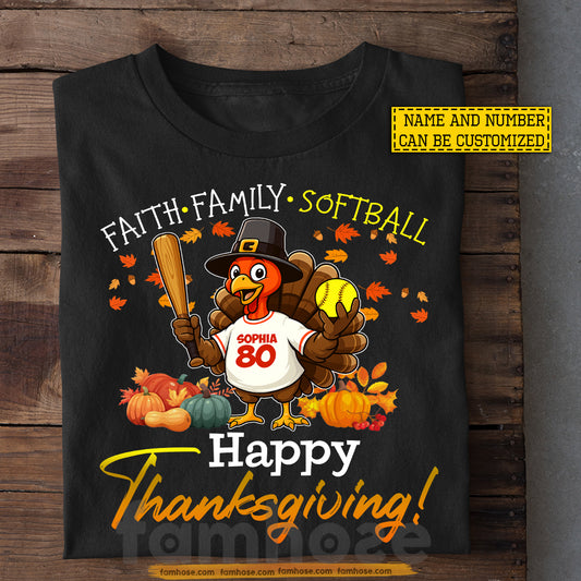 Personalized Thanksgiving Softball T-shirt, Faith Family Softball Thankful Turkey Tees Gift For Softball Lovers