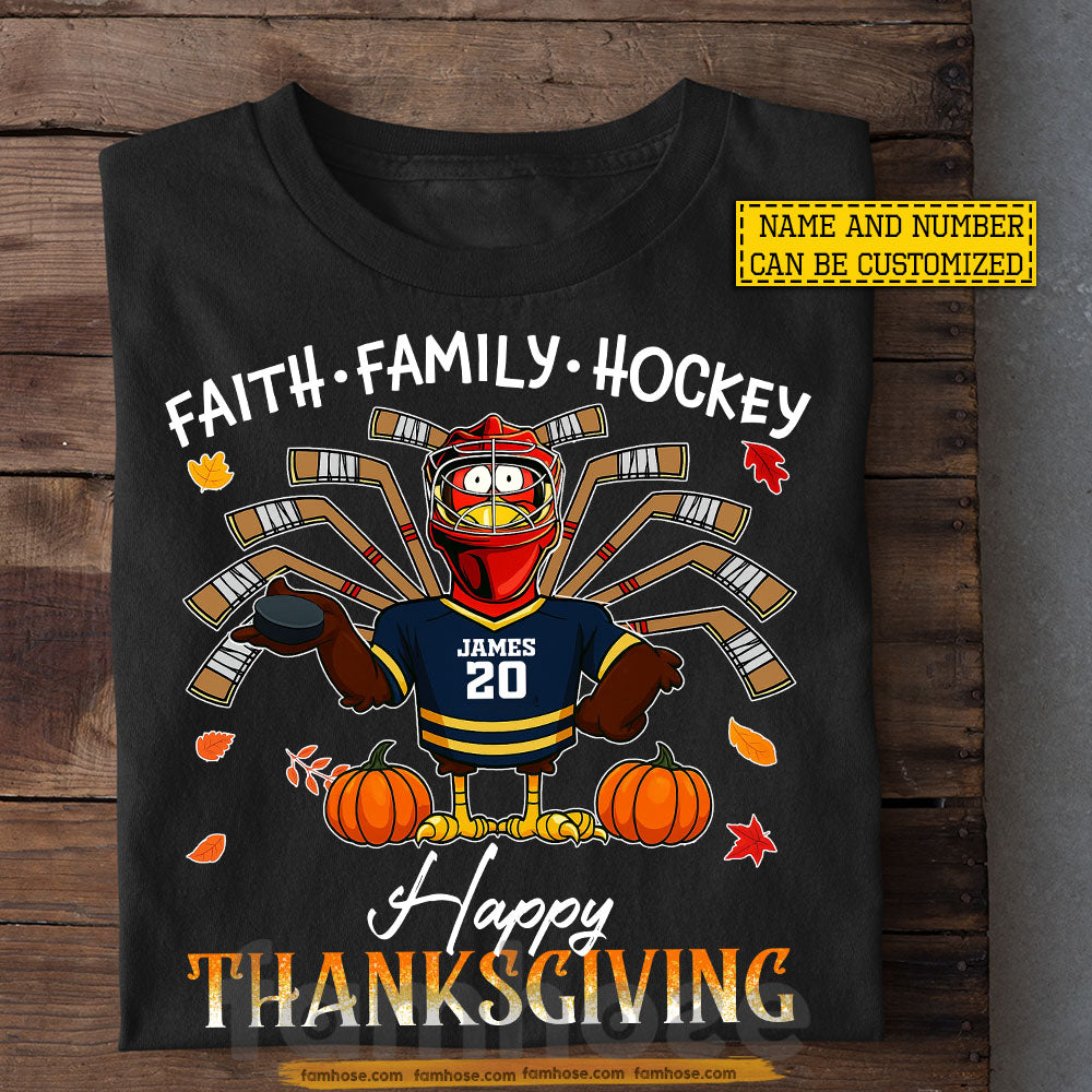 Personalized Thanksgiving Hockey T-shirt, Faith Family Hockey Turkey Tees Gift For Hockey Lovers