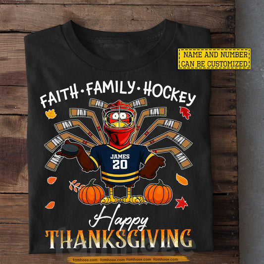 Personalized Thanksgiving Hockey T-shirt, Faith Family Hockey Turkey Tees Gift For Hockey Lovers