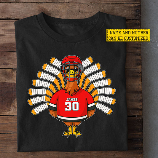Personalized Thanksgiving Hockey T-shirt, Turkey On Ice Thankful Tees Gift For Hockey Lovers