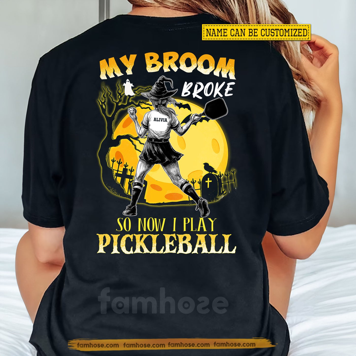 Funny Personalized Halloween Pickleball Backside T-shirt, My Broom Broke Tees Spooky Season Gift For Pickleball Lovers