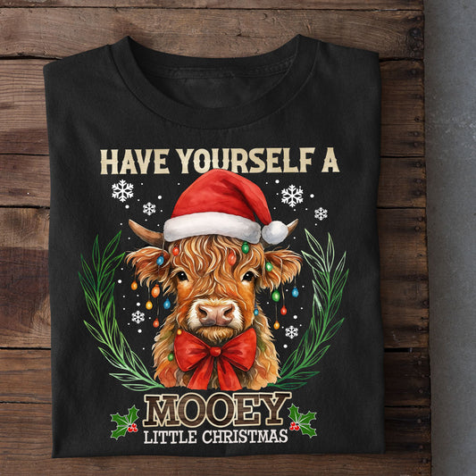 Funny Christmas Highland Cow T-shirt, Have Yourself A Mooey Tees Xmas Gift For Farmer, Highland Cow Lovers