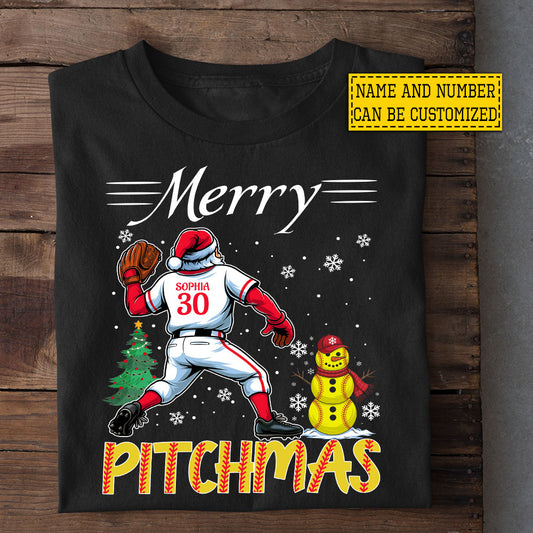 Funny Personalized Christmas Softball T-shirt, Mery Pitchmas Sport Tees Xmas Gift For Softball Lovers