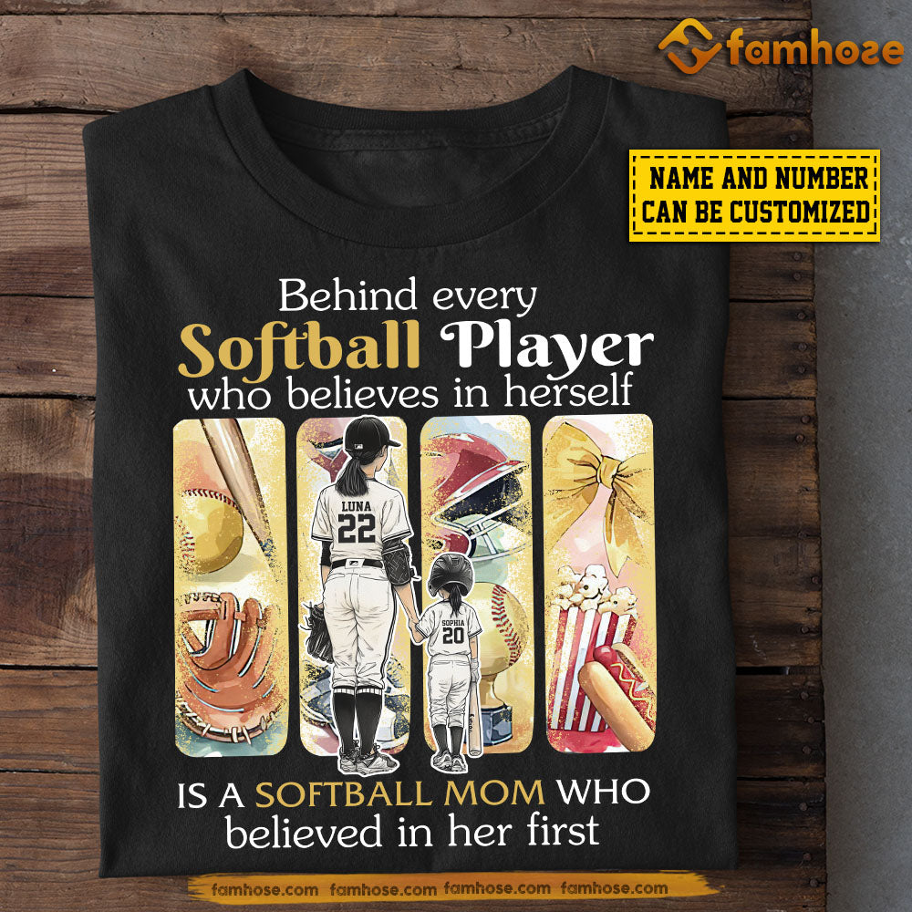 Funny Personalized Softball Mom & Daughter T-shirt, Behind Every Softball Player Is A, Mother's Day Gift For Mom From Softball Girl