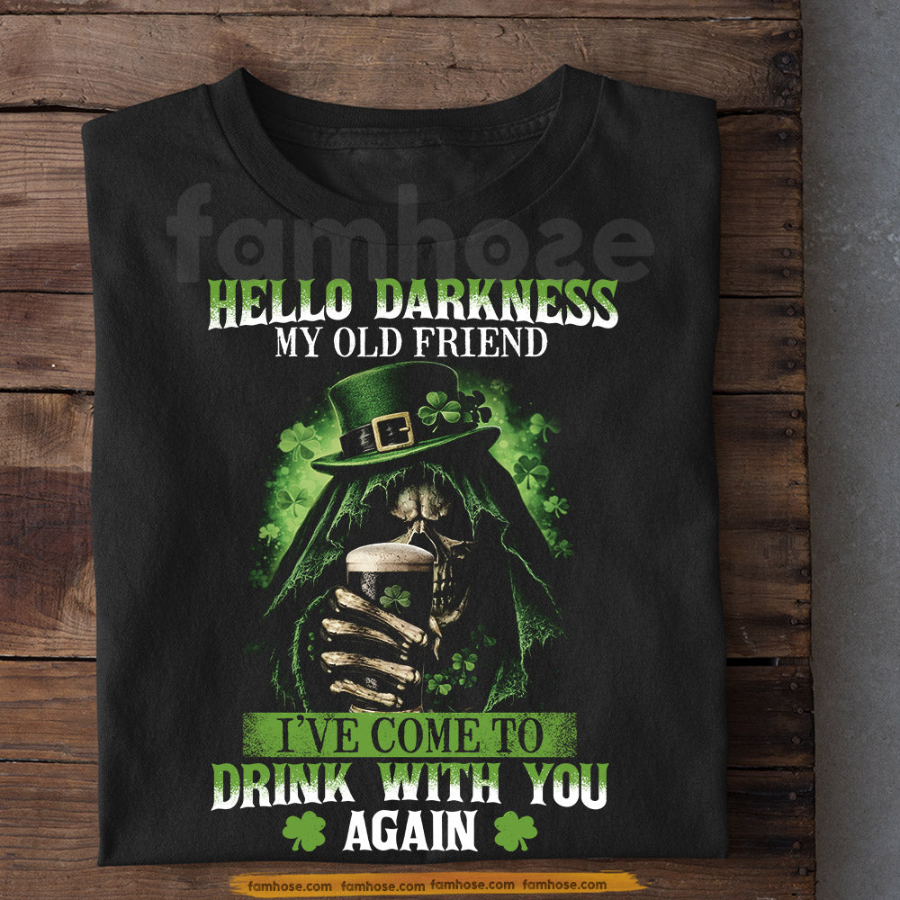 Lucky Shamrock Drinking T-shirt, Hello Darkness My Old Friend Tees St Patrick's Day Gift For Irish Lover