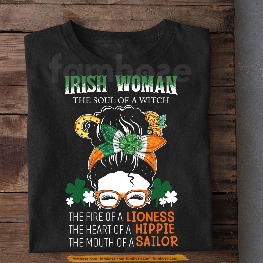 Four-Leaf Clover Irish Woman T-shirt, The Soul Of A Witch Tees St Patrick's Day Gift For Irish Lover