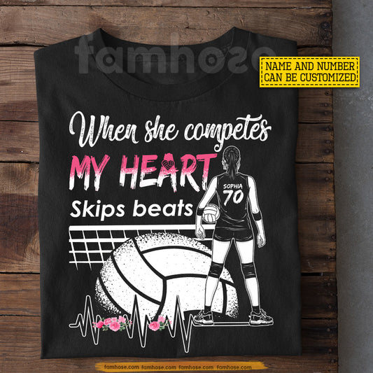 Personalized Volleyball Girl T-shirt, When She Competes My Heart Tees Gift For Volleyball Lover