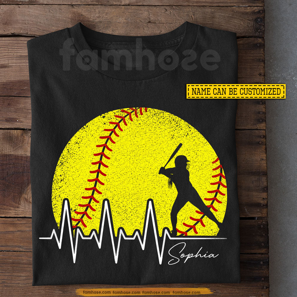 Personalized Softball T-shirt, Softball Player Heartbeat Tees Gift For Softball Lover