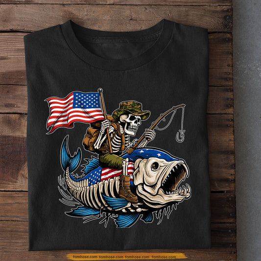 July 4th Fishing T-shirt, Skeleton Fishing Tees Independence Day Gift For Fishing Lover