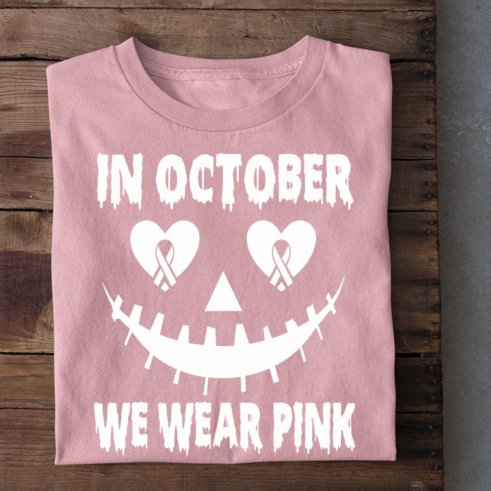 Pink Halloween & Breast Cancer Awareness T-shirt, In October We Wear Pink Ribbon Tees Gift For Spooky Season