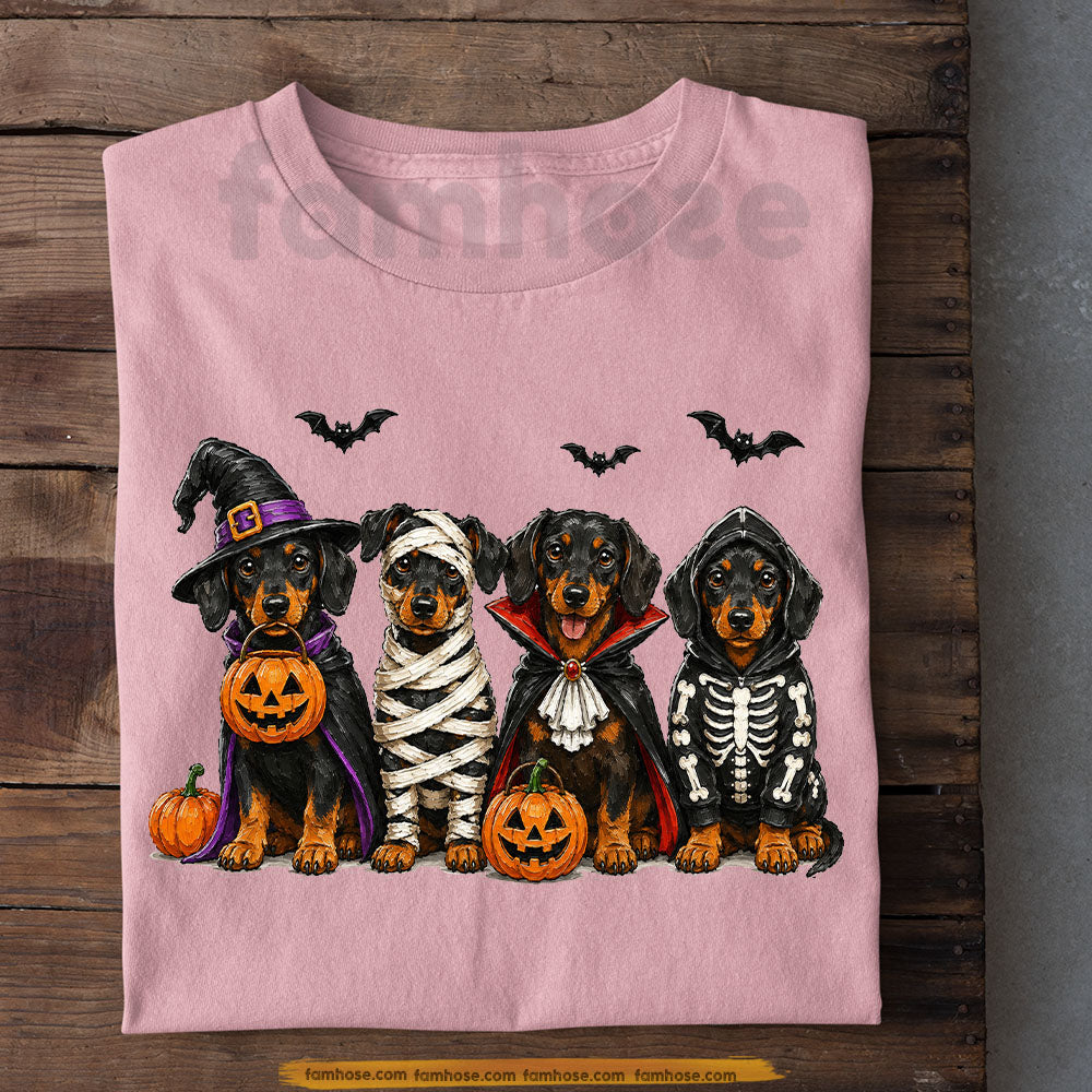 Fall Halloween Dachshund Dog T-Shirt, Cute Witch Mummy Vampire Skeleton Wiener Dog Tees Spooky Season Gift For Dog Lover