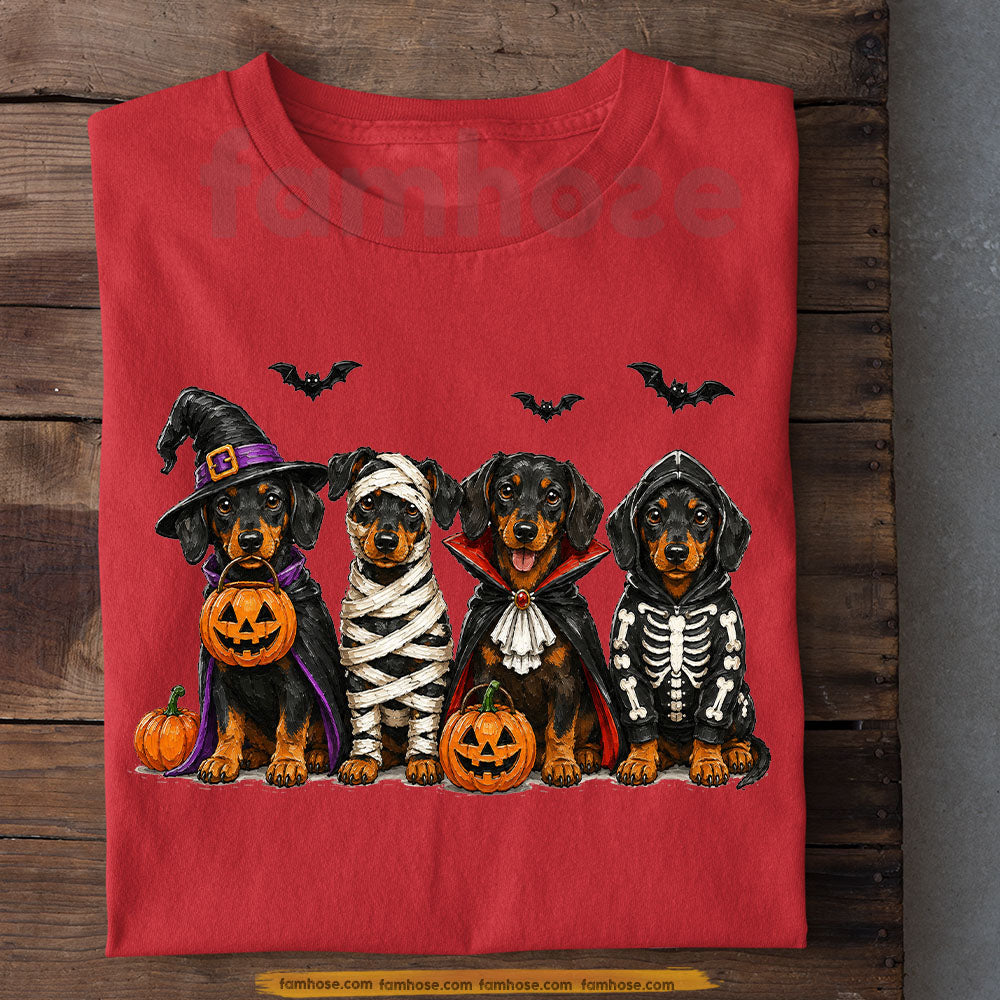 Fall Halloween Dachshund Dog T-Shirt, Cute Witch Mummy Vampire Skeleton Wiener Dog Tees Spooky Season Gift For Dog Lover