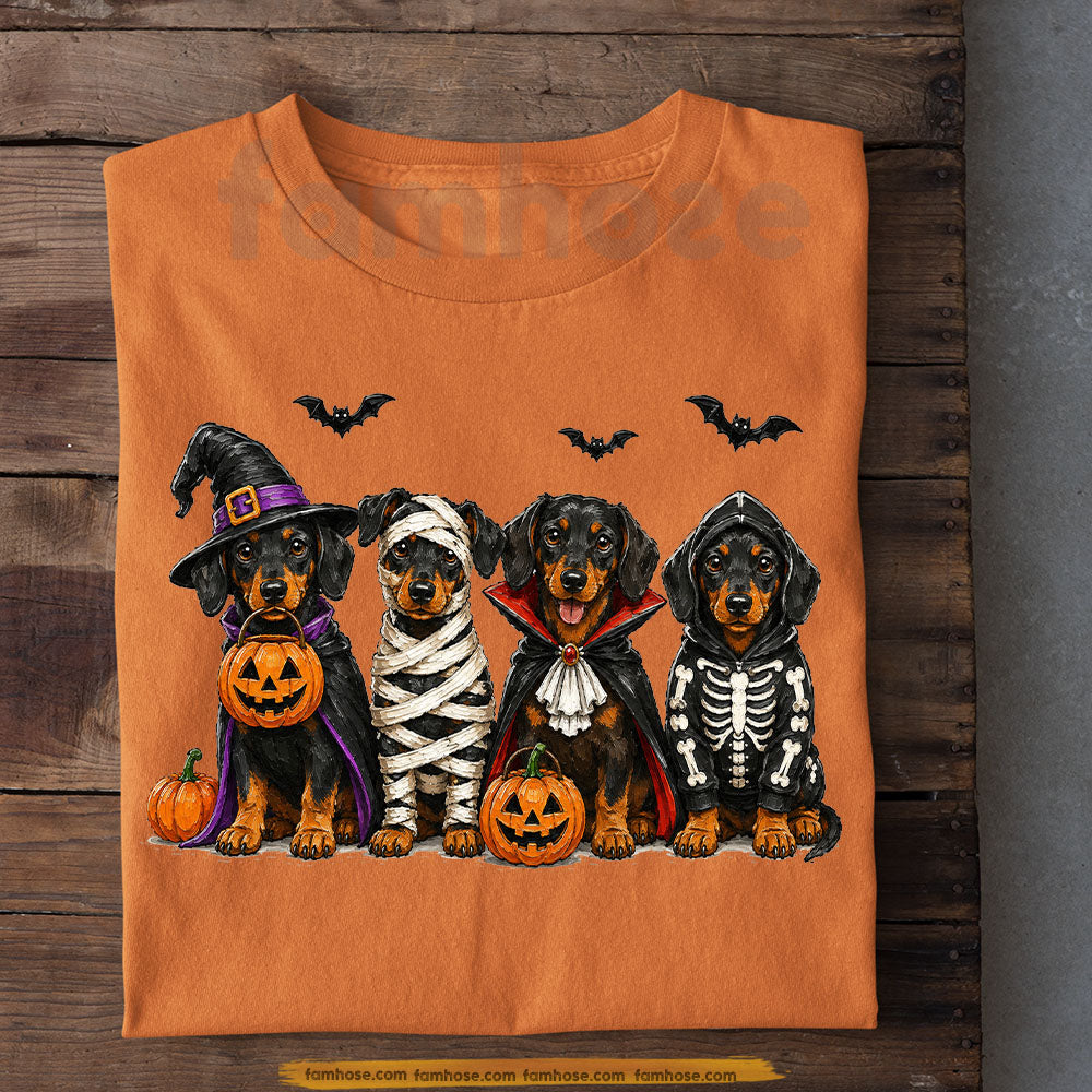Fall Halloween Dachshund Dog T-Shirt, Cute Witch Mummy Vampire Skeleton Wiener Dog Tees Spooky Season Gift For Dog Lover