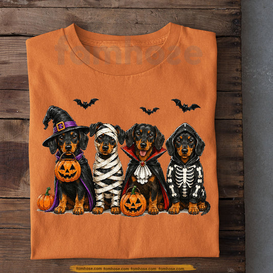 Fall Halloween Dachshund Dog T-Shirt, Cute Witch Mummy Vampire Skeleton Wiener Dog Tees Spooky Season Gift For Dog Lover