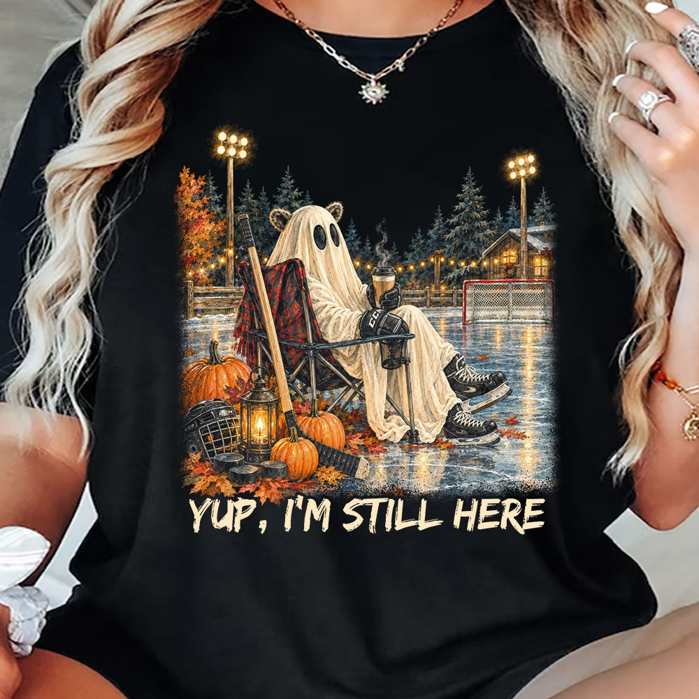 Funny Halloween Hockey Boo T-shirt, Yup I'm Still Here Tees Spooky Season Gift For Hockey Lover