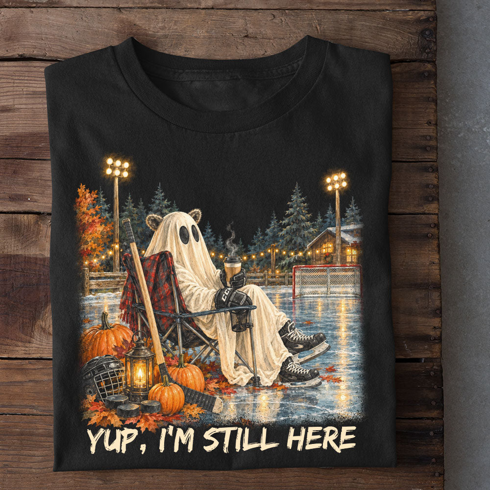 Funny Halloween Hockey Boo T-shirt, Yup I'm Still Here Tees Spooky Season Gift For Hockey Lover